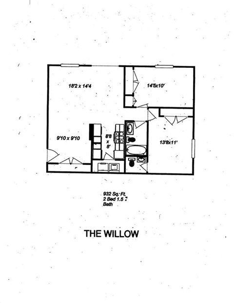 Floor plan for 2 beds, 1.5 baths, 919 sqft